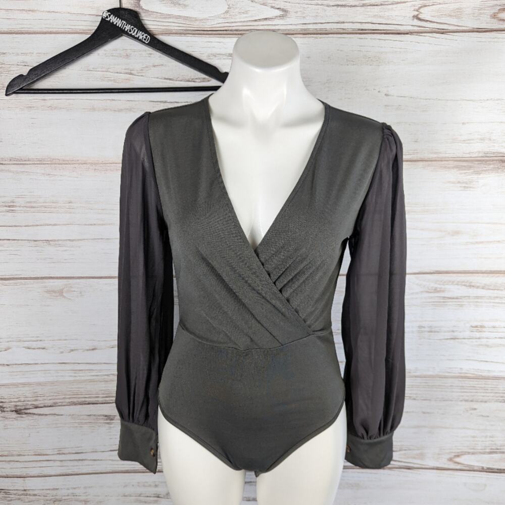 Shein Slate Gray Sheer Sleeve Cross Surplice Blouse Bodysuit sz Small
